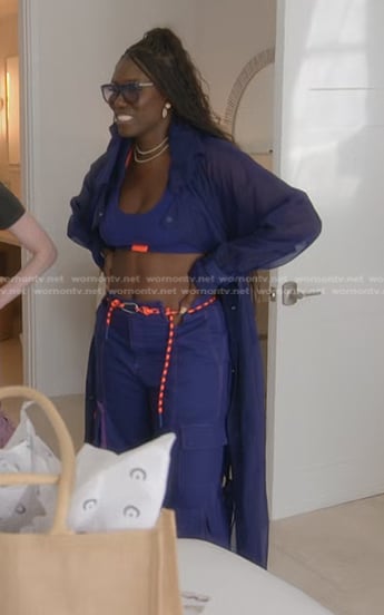 Bozoma’s blue sports bra and cargo pants on The Real Housewives of Beverly Hills