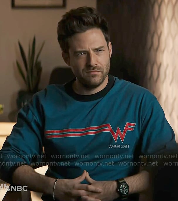 Brett’s Weezer tee on Grosse Pointe Garden Society
