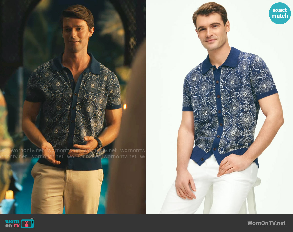 Brooks Brothers Cotton Polo Cardigan In Batik-Inspired Block Print worn by Saxon Ratliff (Patrick Schwarzenegger) on The White Lotus