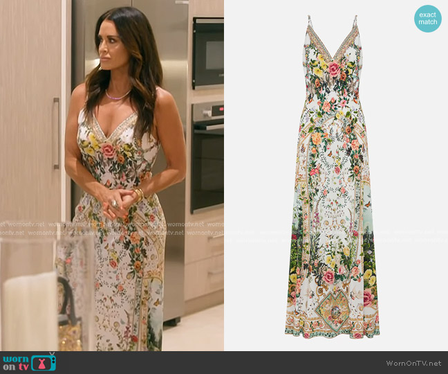 Camilla V neck Full Length Bias Slip Dress worn by Kyle Richards on The Real Housewives of Beverly Hills