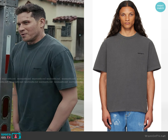 Carhartt Duster Script T-Shirt in Gray worn by Evan Buckley (Oliver Stark) on 9-1-1