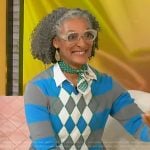 Carla Hall’s blue argyle knit sweater on Tamron Hall Show