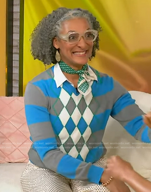 Carla Hall’s blue argyle knit sweater on Tamron Hall Show