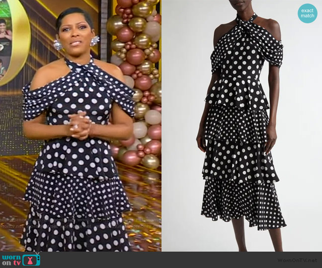 Carolina Herrera Polka-Dot Halter Tiered Midi Dress worn by Tamron Hall on Tamron Hall Show