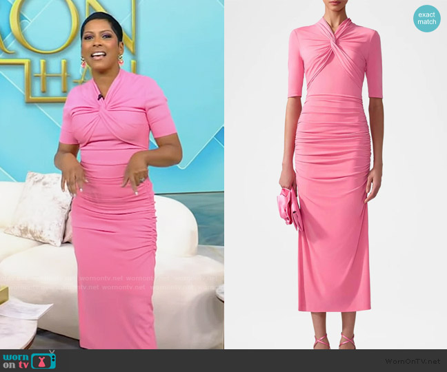 Carolina Herrera Twisted-Neck Ruched Midi Dress worn by Tamron Hall on Tamron Hall Show