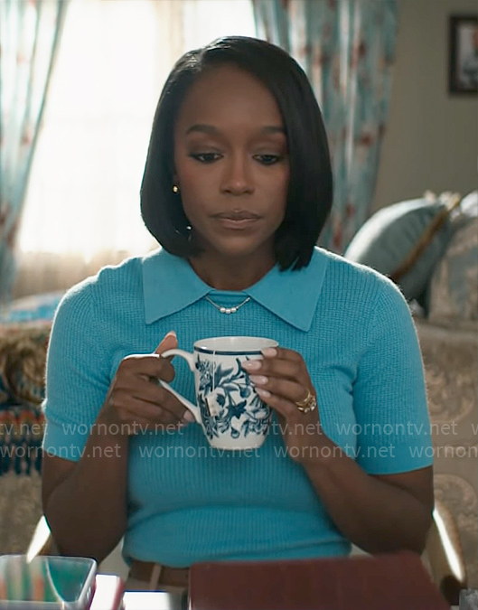 Catherine’s blue short sleeved collared sweater on Grosse Pointe Garden Society