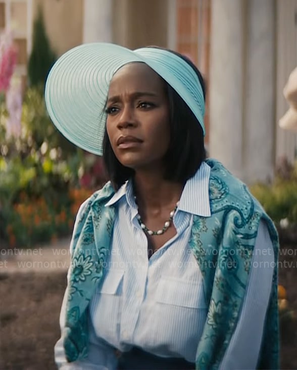 Catherine’s blue striped button down shirt on Grosse Pointe Garden Society