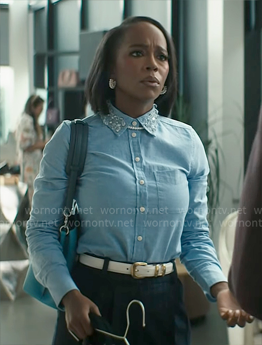 Catherine’s chambray shirt with crystal embellished collar on Grosse Pointe Garden Society