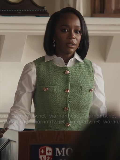Catherine’s green tweed vest on Grosse Pointe Garden Society