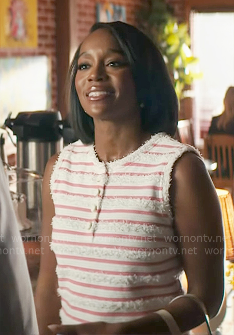 Catherine’s pink striped textured top on Grosse Pointe Garden Society