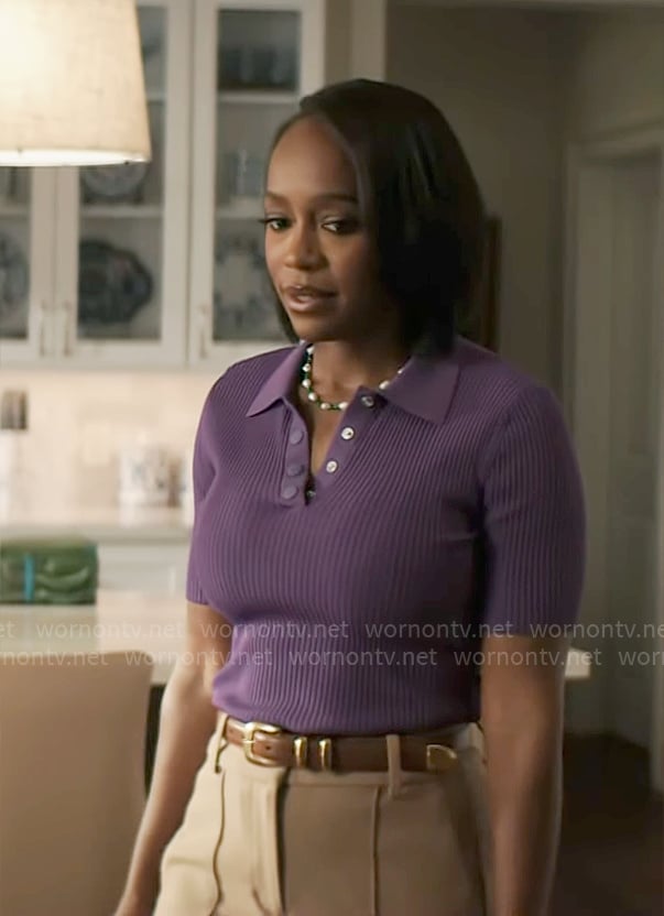 Catherine’s purple rib knit polo top on Grosse Pointe Garden Society