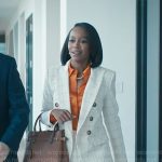 Catherine’s white windowpane checked suit on Grosse Pointe Garden Society