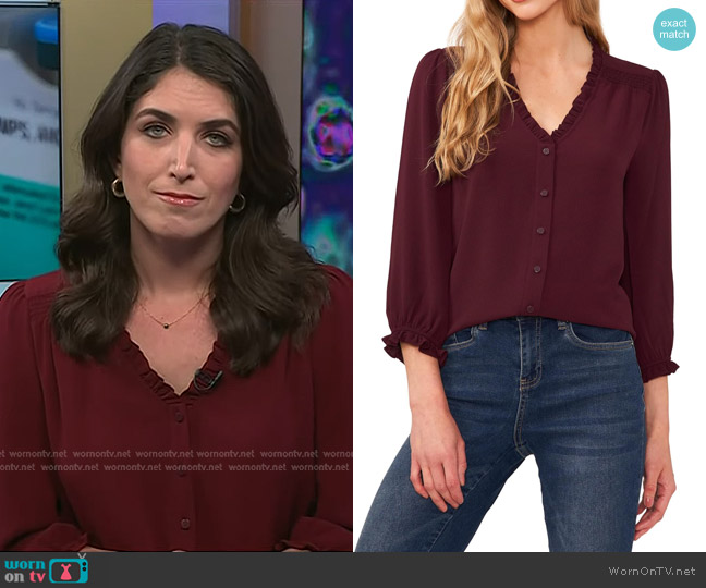 Cece 3/4 Sleeve Button Front Blouse in Rich Cabernet