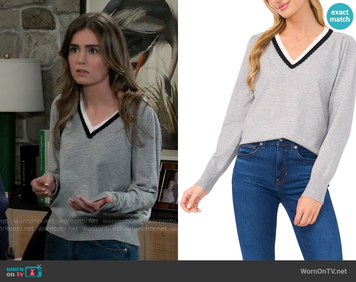 CeCe Scalloped Trim V-Neck Sweater worn by Emma Scorpio-Drake (Braedyn Bruner) on General Hospital