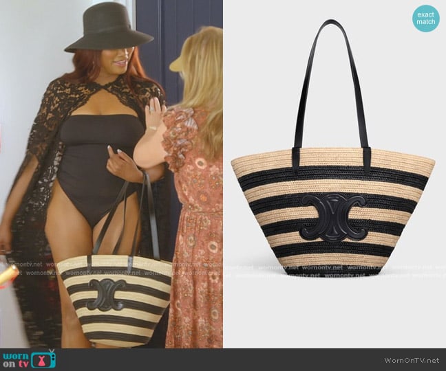 Celine Striped Couffin Celine Classic Panier in Raffia and Calfskin worn by Garcelle Beauvais on The Real Housewives of Beverly Hills