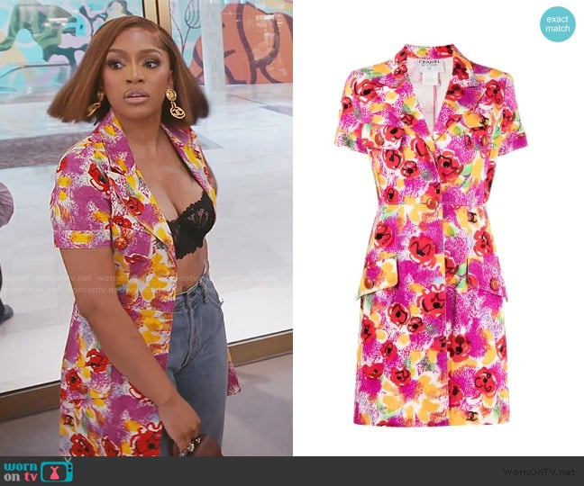Chanel 1997 rose print shirt-dress worn by Drew Sidora on The Real Housewives of Atlanta