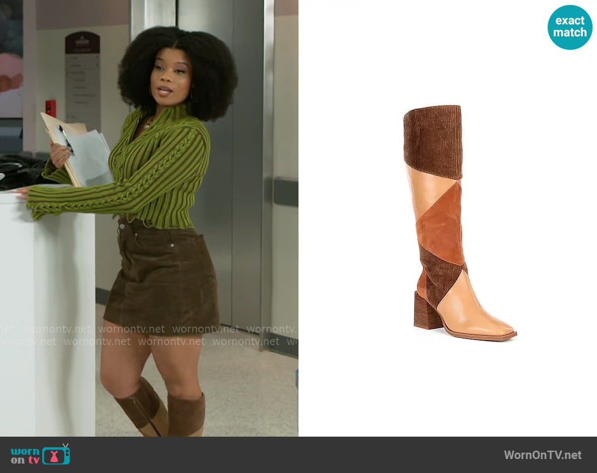 Chelsea & Violet Lulu Colorblock Suede Patchwork Tall Boots worn by Eva Thomas (Ambyr Michelle) on Beyond the Gates