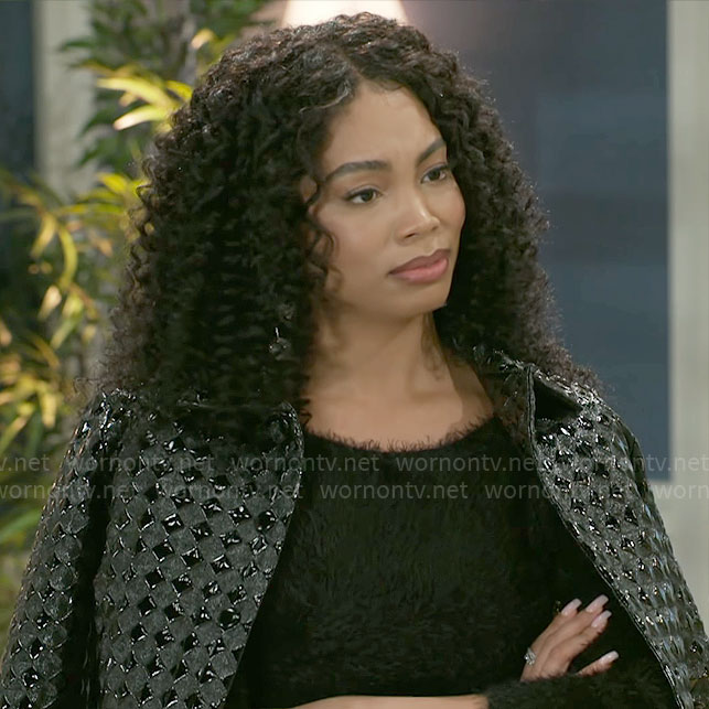 Chelsea’s black diamond texture jacket on Beyond the Gates