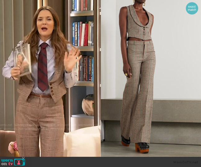 Chloe Check Wool-Blend Tweed Vest worn by Drew Barrymore on The Drew Barrymore Show