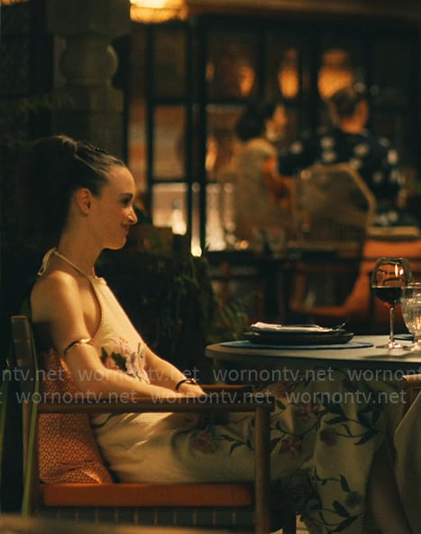 Chloe’s floral embroidered halter top and skirt set on The White Lotus