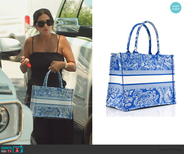 Christian Dior Canvas Embroidered Medium Dioriviera Toile De Jouy Book Tote Fluorescent Blue worn by Leva Bonaparte on Southern Charm