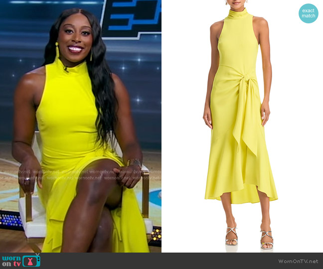 Cinq a Sept Crepe Rori Tie Waist Turtleneck Dress in Starfruit worn by Chiney Ogwumike on Good Morning America