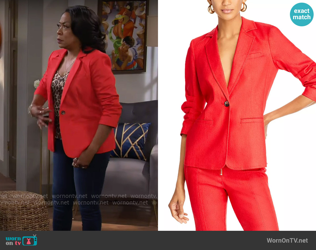 Cinq a Sept Khloe Denim Blazer worn by Tina Butler (Tichina Arnold) on The Neighborhood