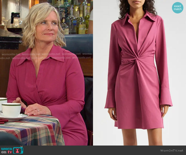 Cinq a Sept McKenna Front Twist Mini Shirtdress in Dark Ube worn by Kayla Brady (Mary Beth Evans) on Days of our Lives