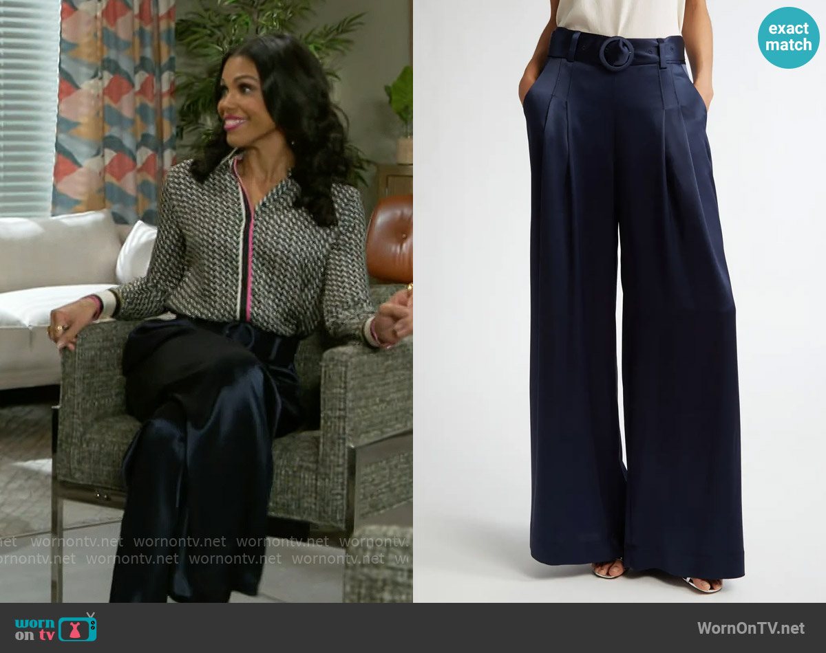 Cinq a Sept Shauna Pants in Navy worn by Dani Dupree (Karla Mosley) on Beyond the Gates