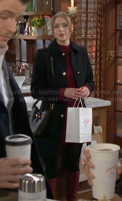 Claire’s black pearl button coat on The Young and the Restless
