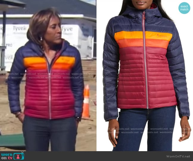 Cotopaxi Fuego Water Resistant 800 Fill Power Down Jacket in Maritime/raspberry worn by Robin Roberts on Good Morning America