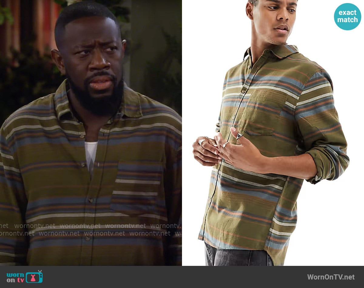 Cotton On Relaxed Button Front Shirt in Khaki Stripe worn by Malcom (Sheaun McKinney) on The Neighborhood