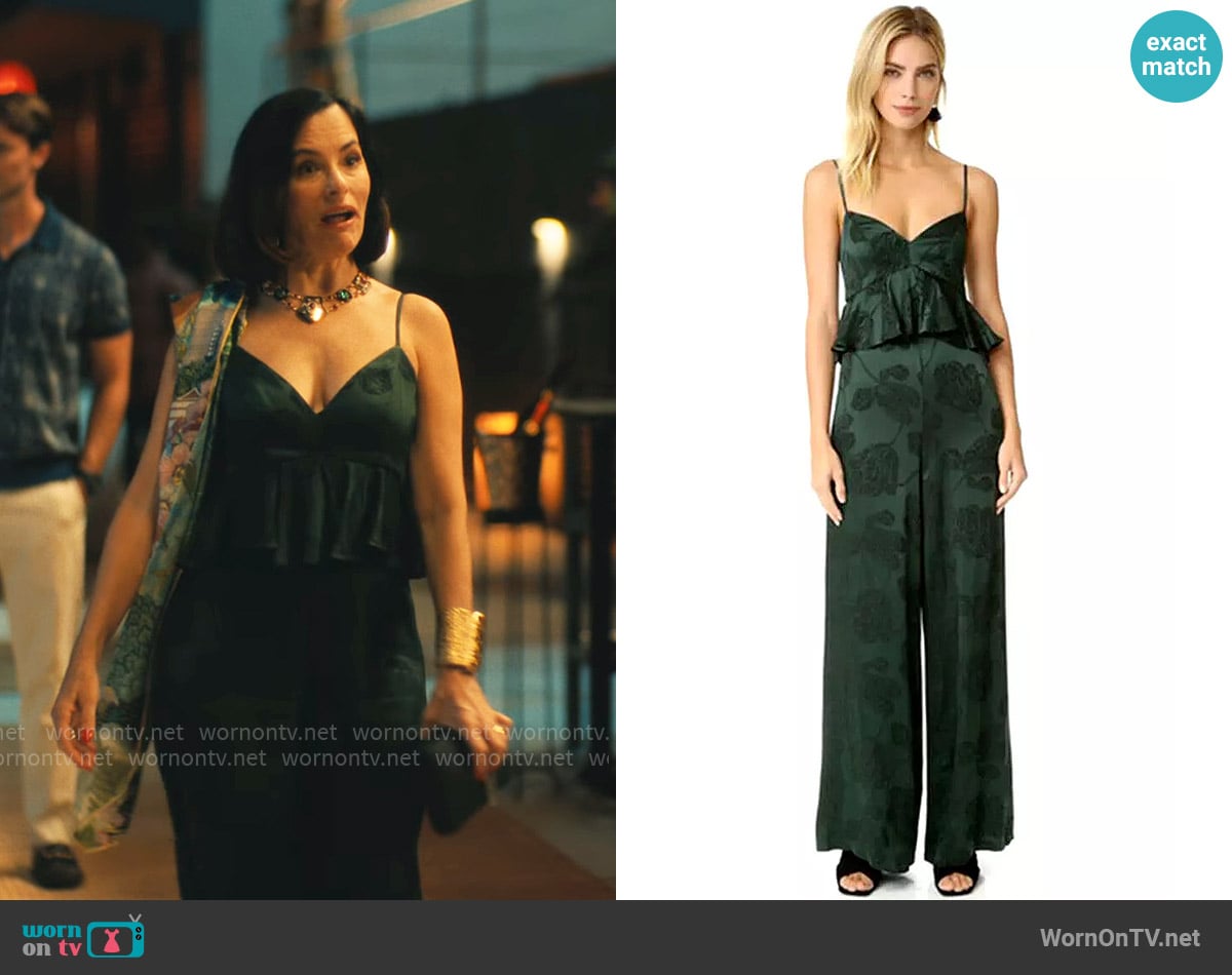 Cynthia Rowley Ruffle Peplum Jumpsuit in Forest Green worn by Victoria Ratliff (Parker Posey) on The White Lotus