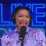 Deja Vu’s lavender floral tie neck blouse on Live with Kelly and Mark