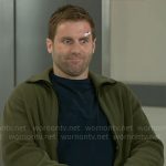 Derek’s green rib knit cardigan on Beyond the Gates