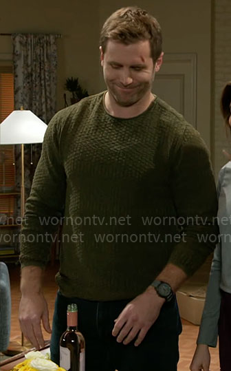 Derek’s green textured sweater on Beyond the Gates