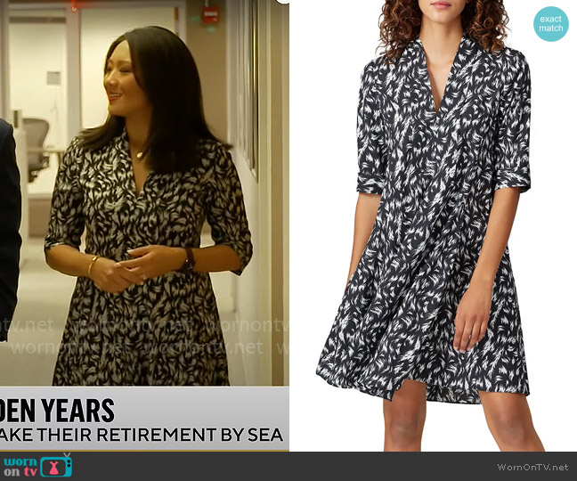 Derek Lam 10 Crosby x RTR Feather Scarf Neck Dress worn by Nancy Chen on CBS Mornings