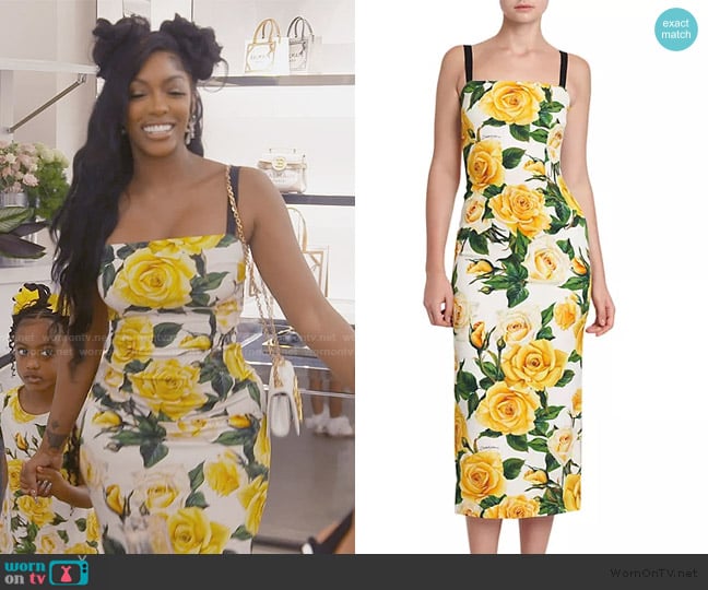 Dolce and Gabbana Rose Print Sheath Midi-Dress worn by Porsha Williams on The Real Housewives of Atlanta