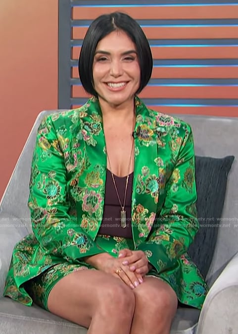 Doreen’s green floral metallic blazer on Access Hollywood