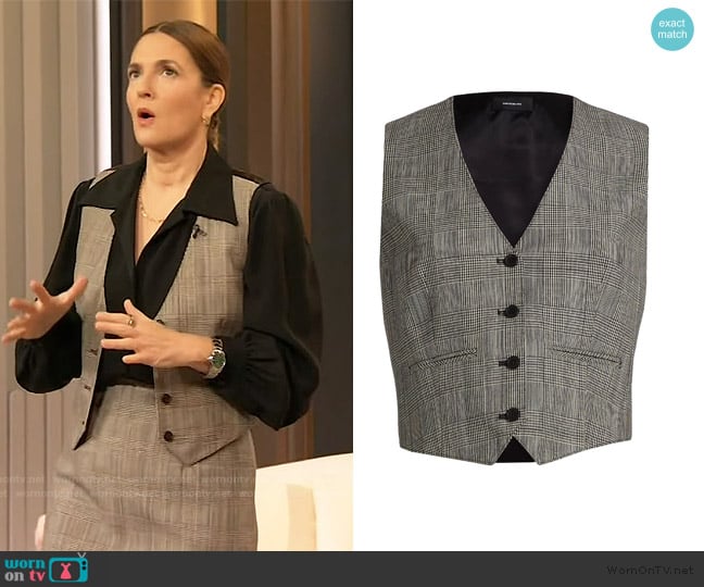 Wardrobe NYC Paneled Prince of Wales checked wool and satin-twill vest worn by Drew Barrymore on The Drew Barrymore Show