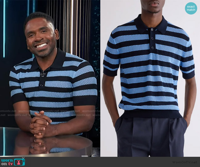 Dries Van Noten Mercy Eyelet Stripe Polo worn by Justin Sylvester on E! News