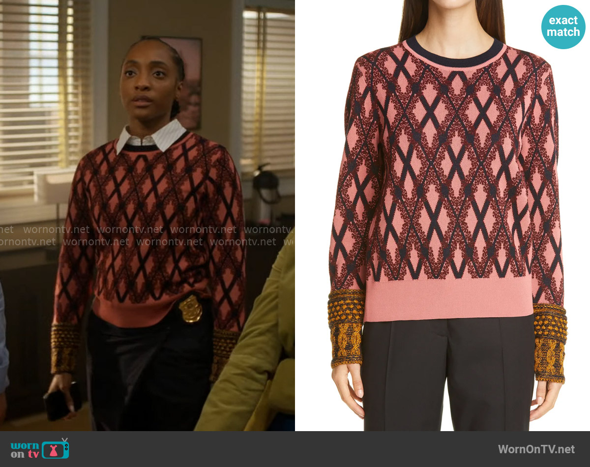 Dries van Noten Madrid Metallic Merino Wool Blend Sweater worn by Faith Mitchell (Iantha Richardson) on Will Trent