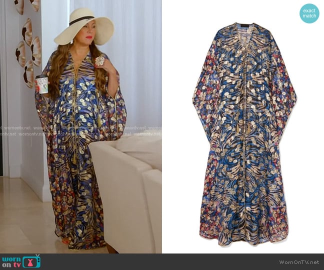 Dundas Lace-up Metallic Fil Coupé Silk-blend Chiffon Kaftan in Cobalt Blue worn by Jennifer Tilly on The Real Housewives of Beverly Hills