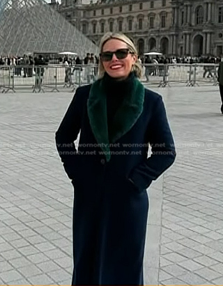 Dylan’s navy coat with green far collar on Today