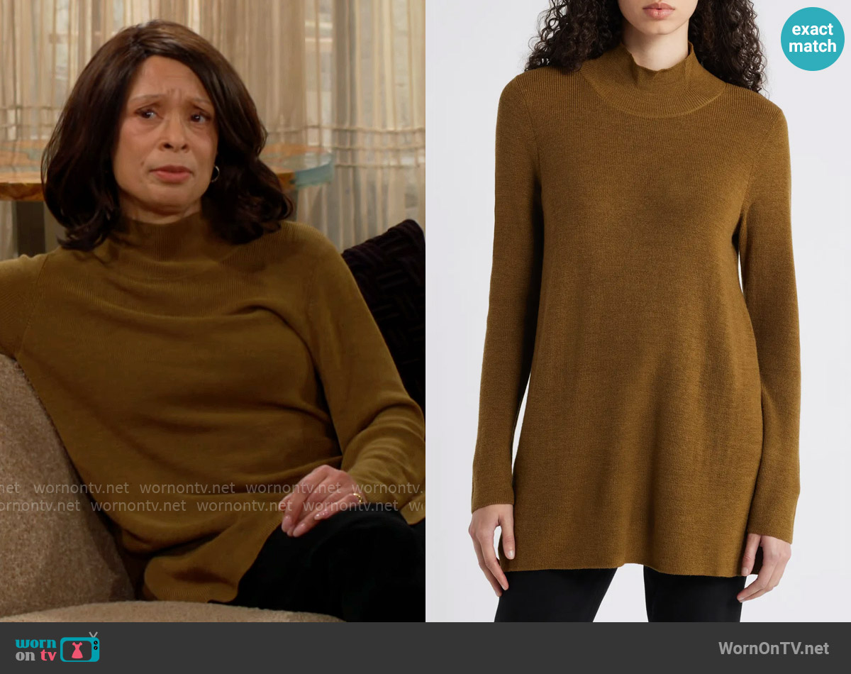 Eileen Fisher Wool Tunic Sweater in Gold Leaf worn by Amy Lewis (Valarie Pettiford) on The Young and the Restless