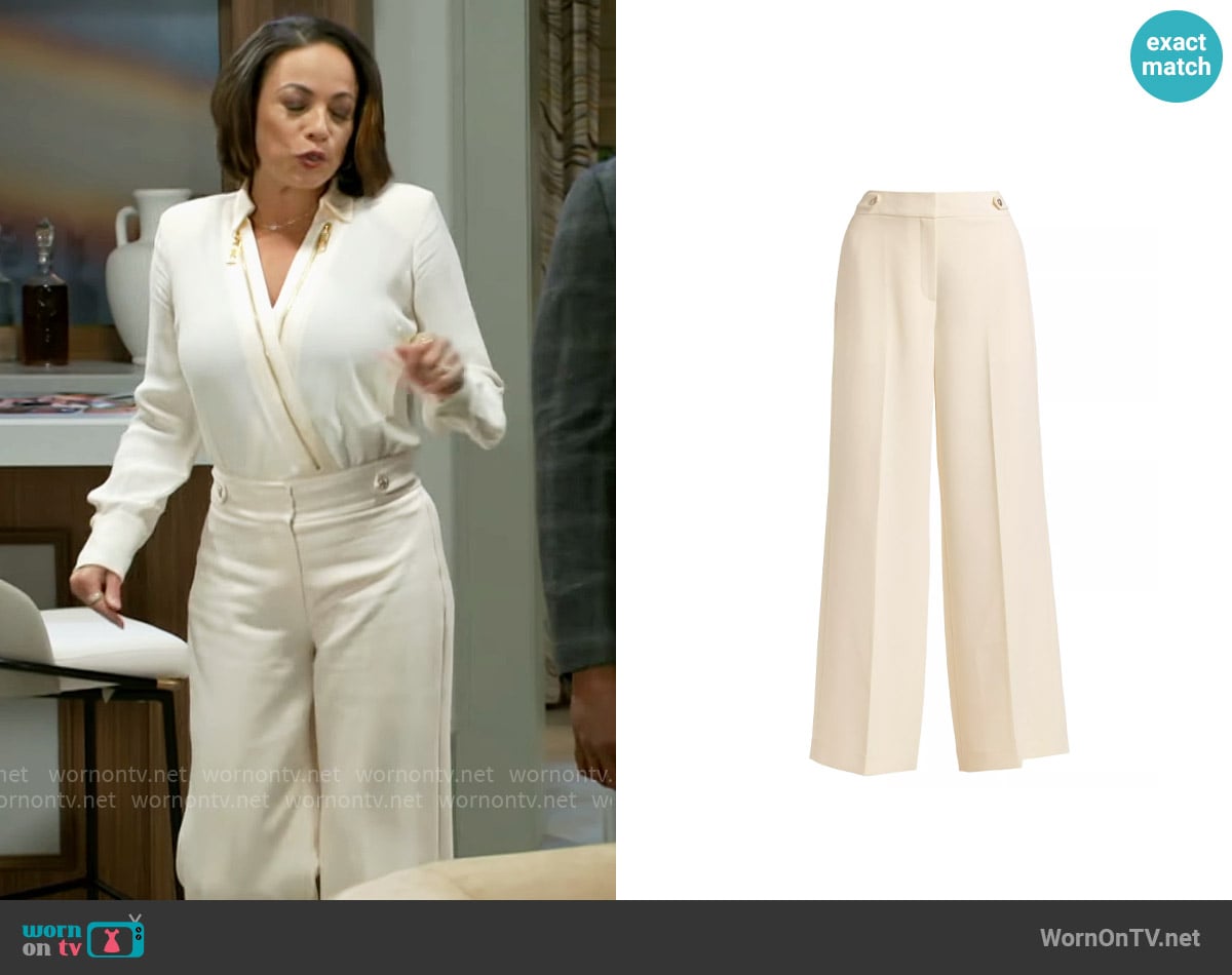 Elie Tahari Angelica Wide-Leg Trousers worn by Nicole Dupree Richardson (Daphnee Duplaix) on Beyond the Gates