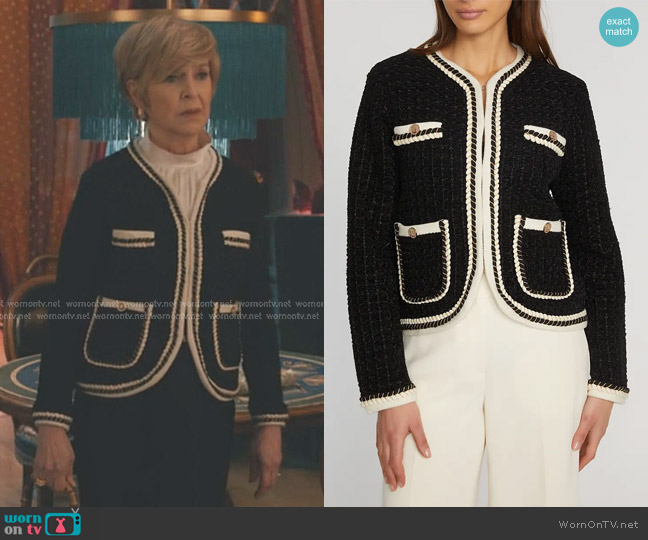 Elie Tahari The Koka Metallic Cardigan worn by Phyllis Pierson (Jill Eikenberry) on Elsbeth