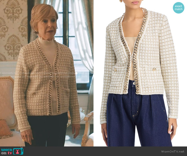Elie Tahari The Trista Chain Cardigan in Ivory/Gold worn by Phyllis Pierson (Jill Eikenberry) on Elsbeth