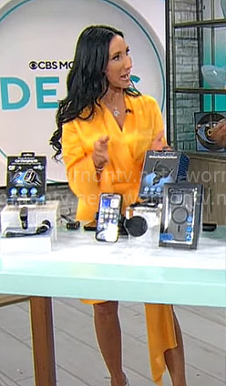 Elizabeth Werner’s yellow draped mini dress on CBS Mornings