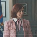 Elsbeth’s grey sweater and pink tweed jacket on Elsbeth